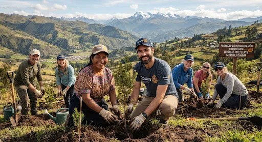 Voluntarios plantando árboles nativos en la sierra ecuatoriana
